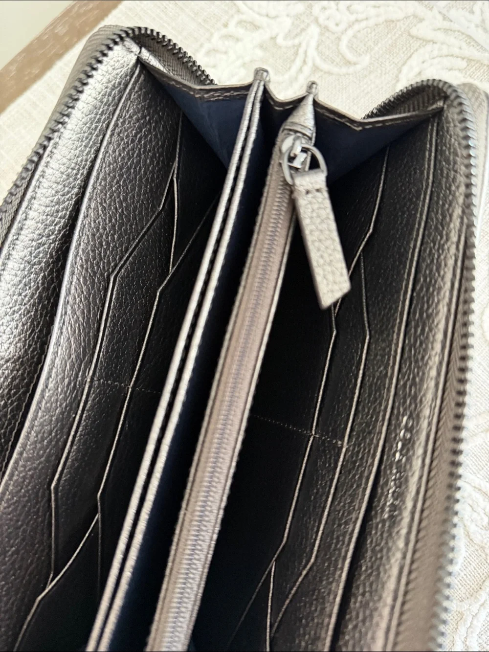Cole Haan Quilted Metallic Grey Pewter Zip Around Wallet with Tassel Pull